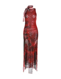 LOURDASPREC-Vacation Outfits Ins Style Printed Mesh Wrap Hip Slit Party Slip Midi Red Dress