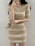 LOURDASPREC-Vacation Outfits Ins Style Contrast Striped Knit Wrap Hip Dress