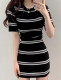 LOURDASPREC-Vacation Outfits Ins Style Contrast Striped Knit Wrap Hip Dress