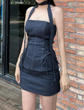 LOURDASPREC-Vacation Outfits Ins Style Strapless Lace Up Denim Bodycon Short Dress