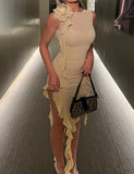 LOURDASPREC-Vacation Outfits Ins Style Bouquet Embellished Panel Irregular Hem   Prom Midi Dress