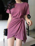 LOURDASPREC-Vacation Outfits Ins Style Solid Color Waist Tie Slim Short Sleeve Short Dress