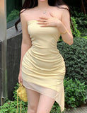 LOURDASPREC-Vacation Outfits Ins Style Off-Shoulder Pleated Bandeau Slim Asymmetric Hem Dress