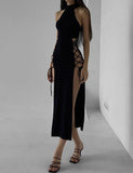 LOURDASPREC-Vacation Outfits Ins Style Black   Halter Neck Hollow Double Slit Dress  For