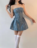 LOURDASPREC-Vacation Outfits Ins Style Lace Up Off Shoulder Denim Mini Dress