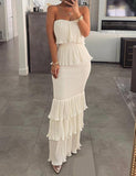 LOURDASPREC-Vacation Outfits Ins Style Holiday Style Strapless Long Dress with Pleated Ruffles