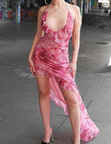 LOURDASPREC-Vacation Outfits Ins Style Vacation Tie Dye Print Halter Ruffle Irregular Maxi Dress