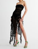 LOURDASPREC-Vacation Outfits Ins Style Lace See-through Off Shoulder Ruffled Slit Black Dress