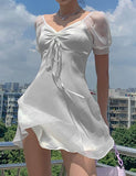 LOURDASPREC-Vacation Outfits Ins Style Drawstring Puff Sleeve Chiffon Wedding Guest White Dress