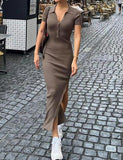 LOURDASPREC-Vacation Outfits Ins Style Slit Button Lapel Short Sleeve Knitted Slim Solid Color Maxi Dress For