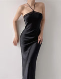 LOURDASPREC-Vacation Outfits Ins Style Black Lace Trim Satin Slim Halter Neck Prom Maxi Dress