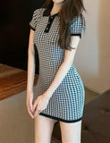 LOURDASPREC-Vacation Outfits Ins Style Plaid Polo Neck Slim Fit Hips Short Sleeve Knit Dress