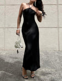 LOURDASPREC-Vacation Outfits Ins Style Black Lace Trim Satin Slim Halter Neck Prom Maxi Dress