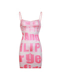 LOURDASPREC-Vacation Outfits Ins Style Personalized Letter Print Slim Suspender Short Pink Dress