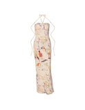 LOURDASPREC-Vacation Outfits Ins Style Printed Wrap-Breast Tie Halter Neck Slim Long Dress