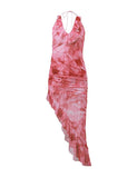 LOURDASPREC-Vacation Outfits Ins Style Vacation Tie Dye Print Halter Ruffle Irregular Maxi Dress