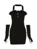 LOURDASPREC-Vacation Outfits Ins Style Faux Fur Trim Halter Mini Dress