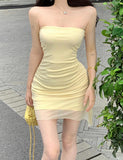 LOURDASPREC-Vacation Outfits Ins Style Off-Shoulder Pleated Bandeau Slim Asymmetric Hem Dress