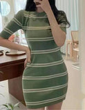 LOURDASPREC-Vacation Outfits Ins Style Contrast Striped Knit Wrap Hip Dress