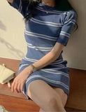 LOURDASPREC-Vacation Outfits Ins Style Contrast Striped Knit Wrap Hip Dress