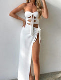 LOURDASPREC-Vacation Outfits Ins Style Holiday   Slim Bust Shower Babes Bandage Slit Design Tube Top Dress