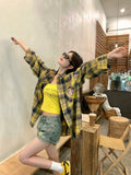 LOURDASPREC-Hong Kong Style Suit Yellow Vintage Plaid Shirt Letter Print Camisole Women's Summer Denim Shorts Three-piece Set