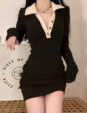 LOURDASPREC-Vacation Outfits Ins Style Polo Neck Sheath Fit Paneled Bodycon Mini Dress For