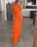 LOURDASPREC-Vacation Outfits Ins Style Holiday Style Strapless Long Dress with Pleated Ruffles