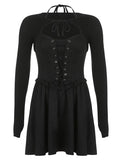 LOURDASPREC-Vacation Outfits Ins Style Waist Tie Long Sleeve Lace-Up Two-Piece Halter Black Dress