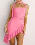 LOURDASPREC-Vacation Outfits Ins Style Stitching Strap Halter Neck Bud Ruffle   Pink Short Dress