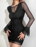 LOURDASPREC-Vacation Outfits Ins Style Mesh See-through Sleeve Lace Up Party Black Bodycon Dress