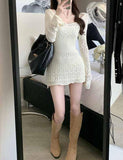 LOURDASPREC-Vacation Outfits Ins Style Hollow suspender knitted skirt two-piece sweater dress