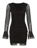 LOURDASPREC-Vacation Outfits Ins Style Mesh See-through Sleeve Lace Up Party Black Bodycon Dress