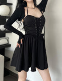 LOURDASPREC-Vacation Outfits Ins Style Waist Tie Long Sleeve Lace-Up Two-Piece Halter Black Dress
