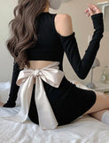 LOURDASPREC-Vacation Outfits Ins Style Off Shoulder Asymmetric Bow Summer Party Black Bodycon Dress