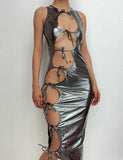 LOURDASPREC-Vacation Outfits Ins Style Metallic Lace Up TIie Irregular Midi Hollow Tie Sleeveless Dress