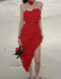 LOURDASPREC-Vacation Outfits Ins Style Flower Decor Asymmetrical High Slit   Party Bodycon Dress