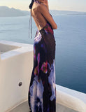 LOURDASPREC-Vacation Outfits Ins Style Summer Tie Dye Print Halter Neck Vacation   Maxi Dress