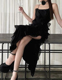 LOURDASPREC-Vacation Outfits Ins Style Flower Decor Asymmetrical High Slit   Party Bodycon Dress