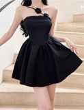 LOURDASPREC-Vacation Outfits Ins Style Flower Decor Strapless Black Prom Short Dress