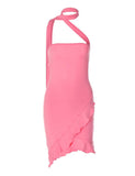 LOURDASPREC-Vacation Outfits Ins Style Stitching Strap Halter Neck Bud Ruffle   Pink Short Dress