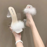 LOURDASPREC- Fashion Feather High Heel Mules Sandals