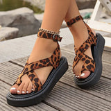 LOURDASPREC- Leopard Lace-Up Bow Sandals: Casual Summer Flats