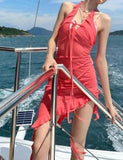LOURDASPREC-Vacation Outfits Ins Style Halter Neck Tie Short Dress with Ruffled Hem and Slit Hem