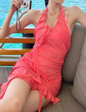 LOURDASPREC-Vacation Outfits Ins Style Halter Neck Tie Short Dress with Ruffled Hem and Slit Hem