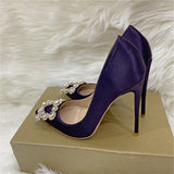 LOURDASPREC Diamante Squre Decor Women Satin Pointy Toe Stiletto Pumps 8cm 10cm 12cm Sparkly Party Wedding Shoes Black Purple
