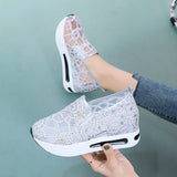 Lourdasprec Female Wedge Shoes Sequin Mesh Breathable Shoes Women Gold Silver Platform Sneakers Women Height Increasing Wedges Shoes Casual