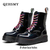 Leather British Style Boots Women Platform Oxford Shoes Round Toe Side Zipper Laser Ankle Boots Motorcycle Boots Zapatos Mujer