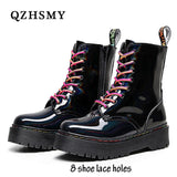 Christmas Gift Leather British Style Boots Women Platform Oxford Shoes Round Toe Side Zipper Laser Ankle Boots Motorcycle Boots Zapatos Mujer