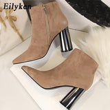 Christmas Gift Women Flock Leather short Boots Fashion Handmade Classic Pointed toe Metal Heels thick high Women Booties